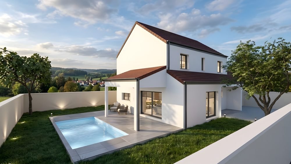 Perspective d'une maison avec piscine, face à la campagne