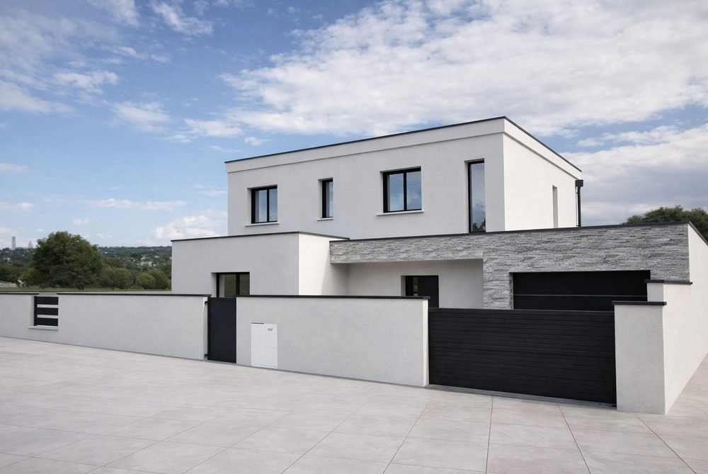 Maison contemporaine à toit plat, façade de garage en pierre grise