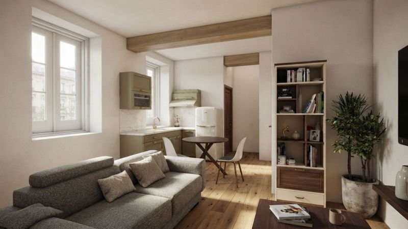 Perspective 3D d'un séjour avec cuisine ouverte