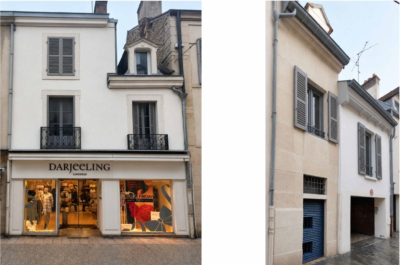Façades rénovées d'un bâtiment de centre-ville avec commerce en rez-de-chaussée