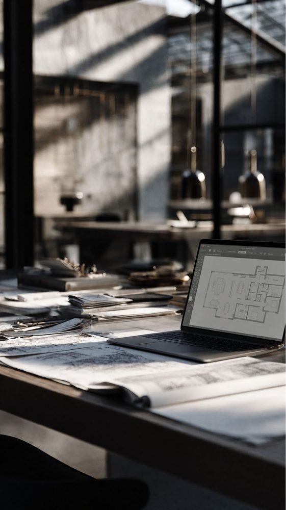 Plan de maison affiché sur un ordinateur, sur une table de travail