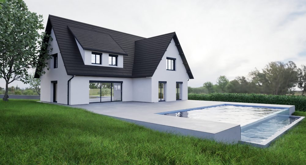 Maison rénovée avec terrasse surélevée et piscine à débordement