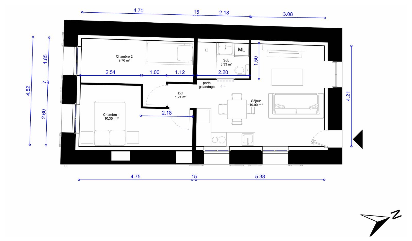 Plan d'agencement d'un T3 au 1er étage