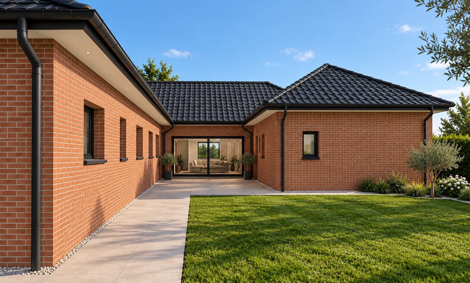 Maison de plain-pied en brique rouge et tuiles noires, côté jardin avec patio vitré