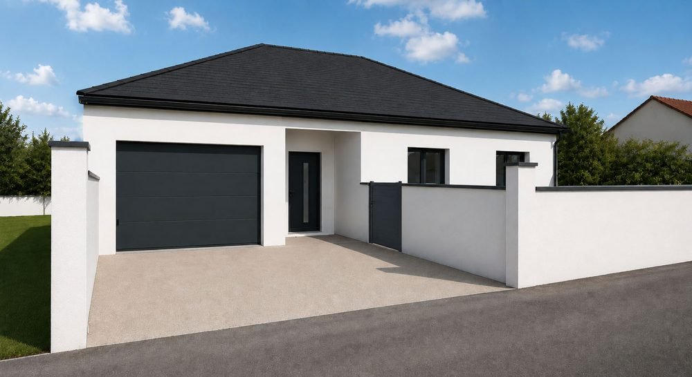 Maison de plain-pied à toit en ardoise, avec garage