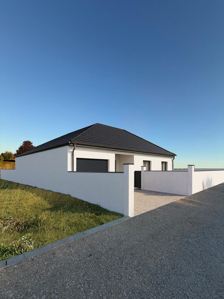 Maison de plain-pied à toit en ardoise, avec garage