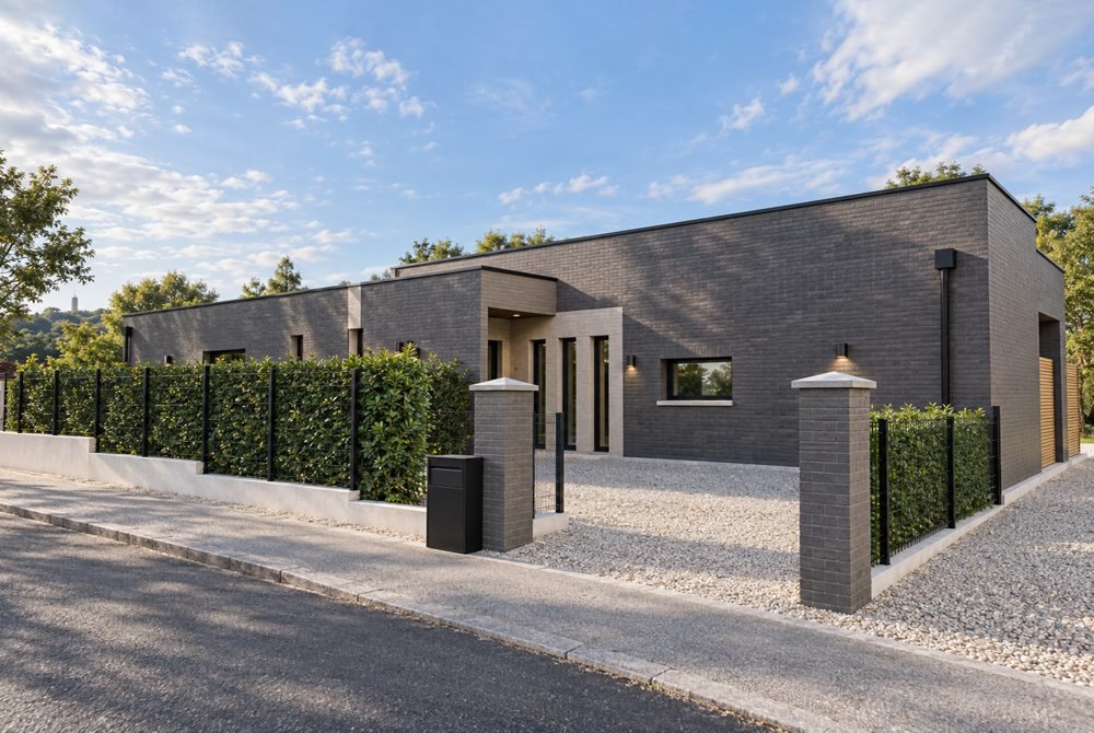 Maison de plain-pied en brique grise