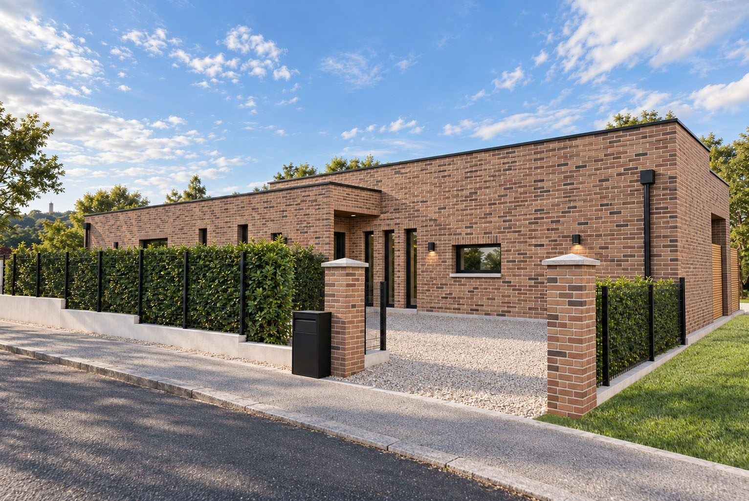 Maison de plain-pied à toit plat en brique, avec clôture et piliers d’entrée