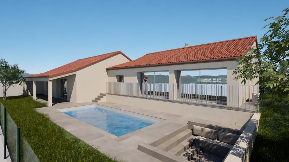 Maison rénovée avec terrasse, piscine et salon extérieur enterré