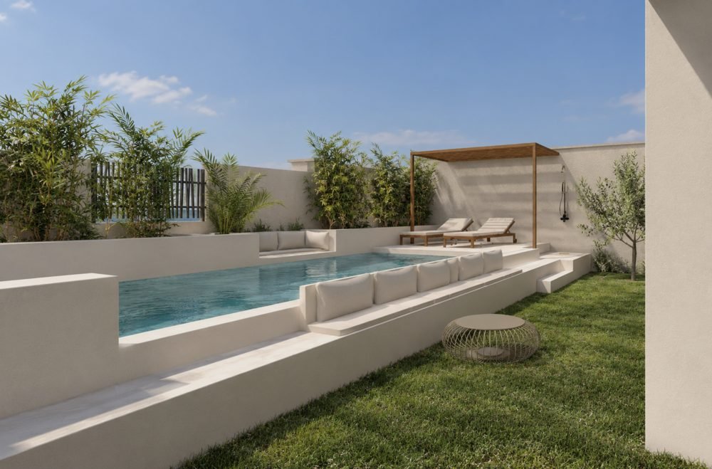 Piscine avec terrasse, banquettes intégrées, pergola et bains de soleil