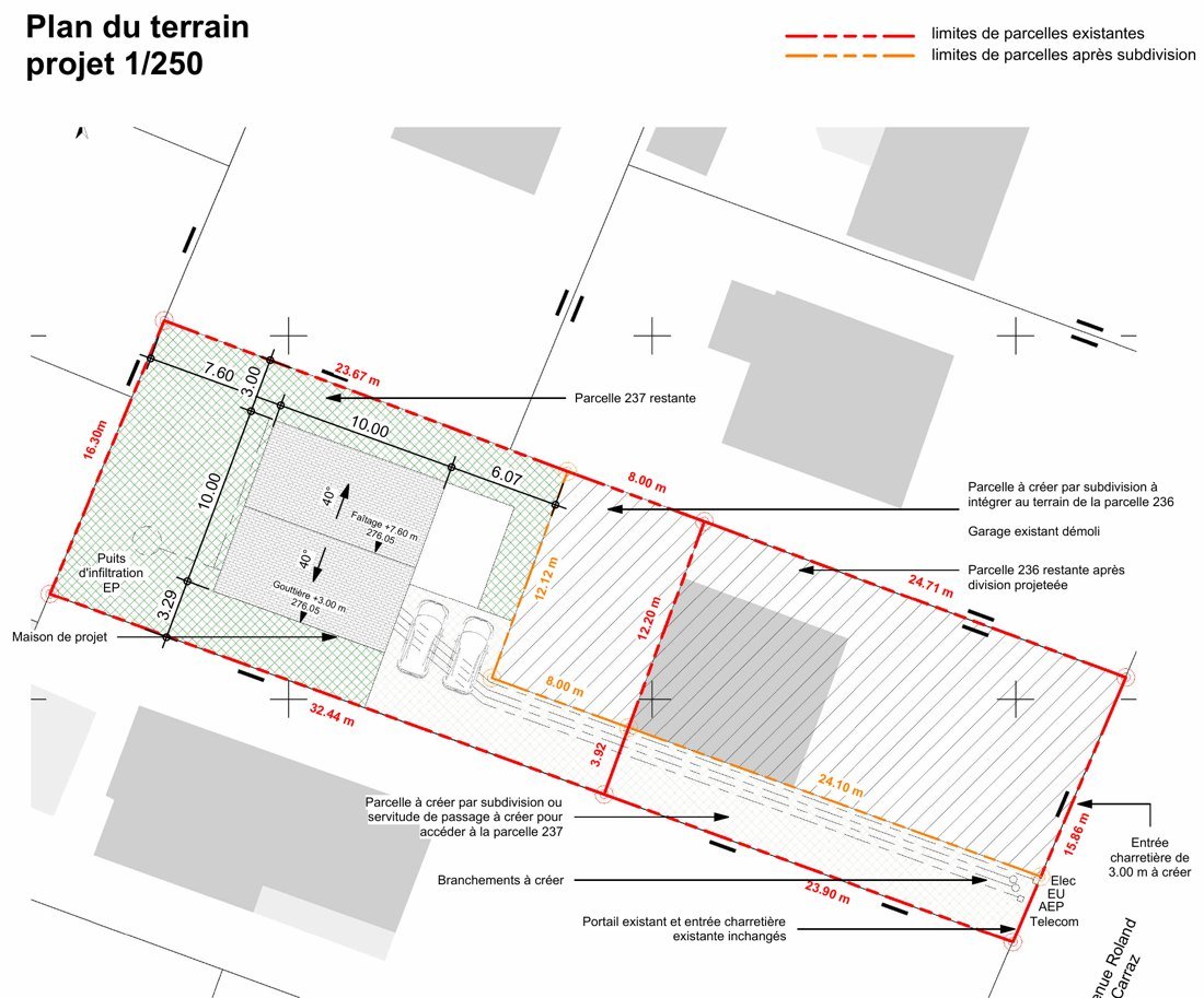 Plan du terrain d'un projet de maison avec création d'un accès sur rue