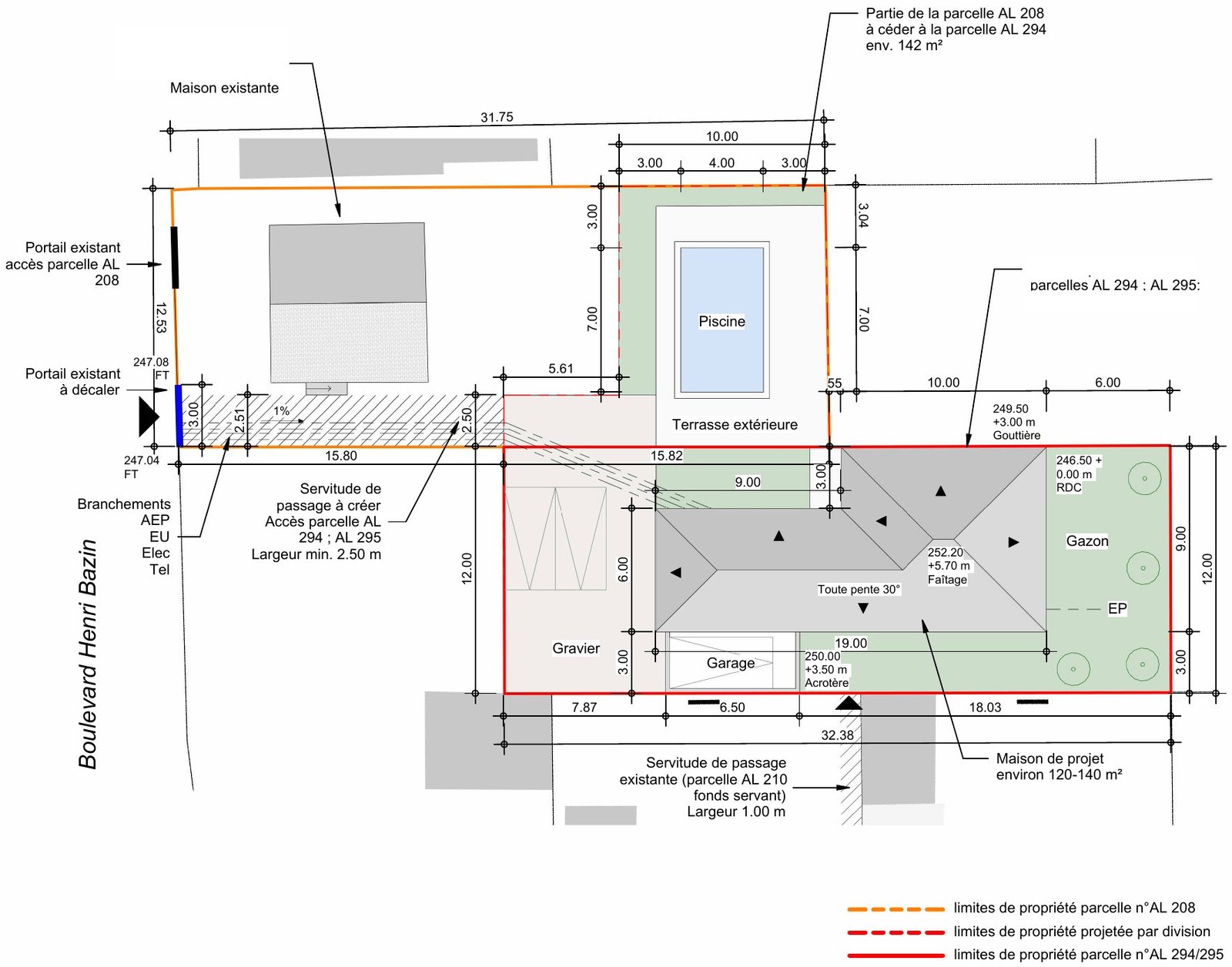 Plan de masse d'un projet de maison sur un terrain en drapeau, avec servitude de passage à créer