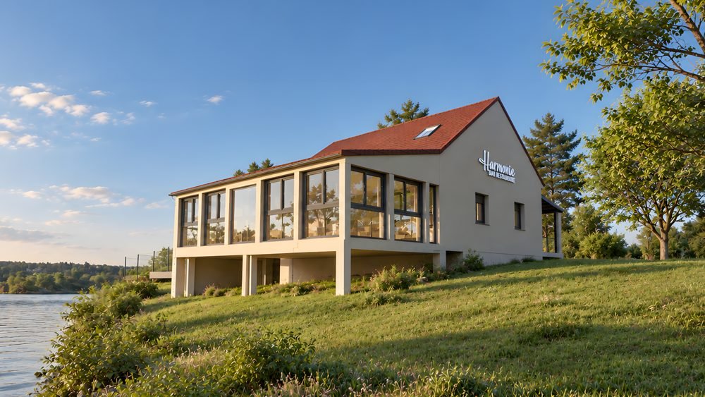 Restaurant et sa salle vitrée tournée vers le fleuve