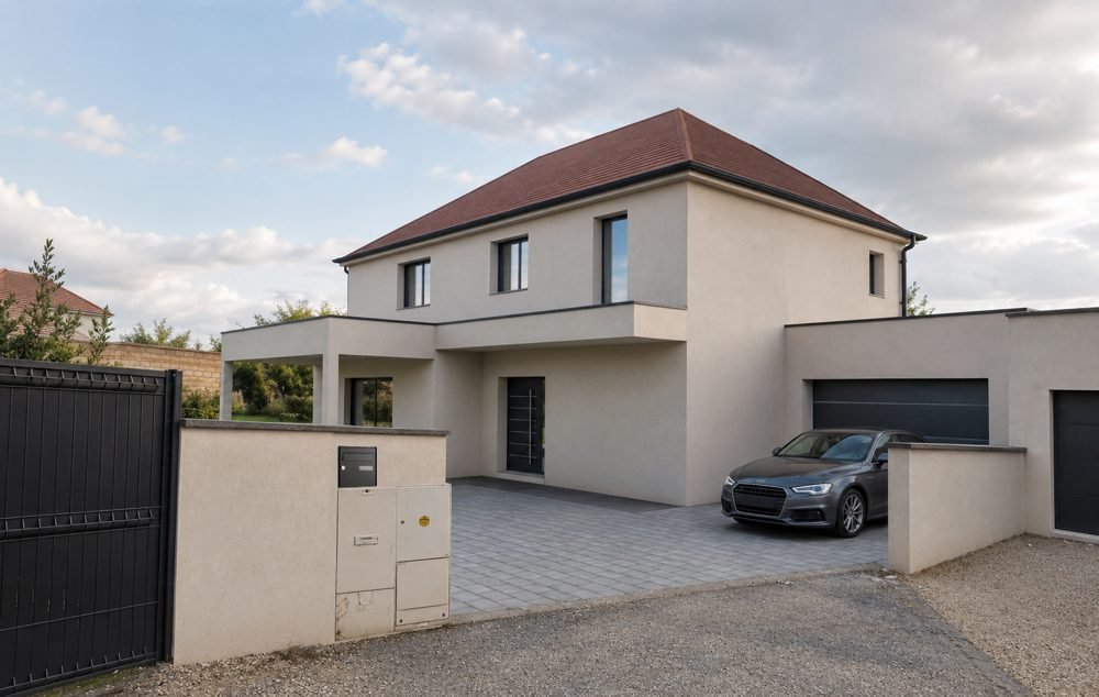 Maison à étage avec toiture en tuiles et garage