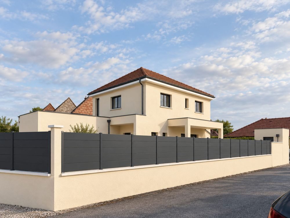 Maison à étage enduite ton pierre, avec toiture en tuiles et clôture